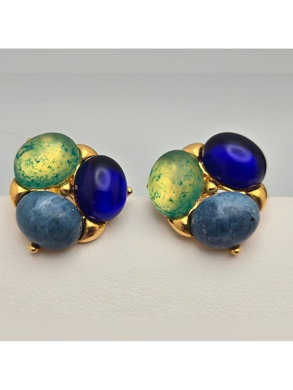Vintage Handmade Gold-Tone Stud Earrings w/ Blue & Green Glass Stones